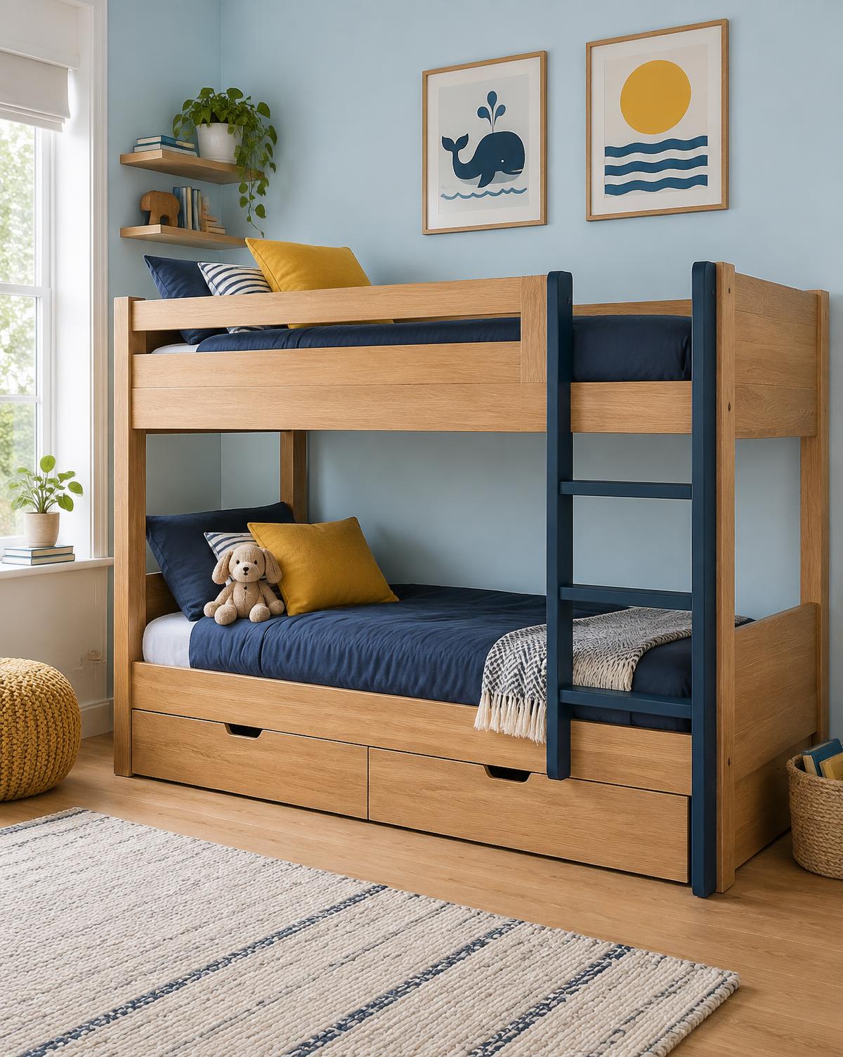 Oak bunk bed with navy ladder rails in a sky-blue room